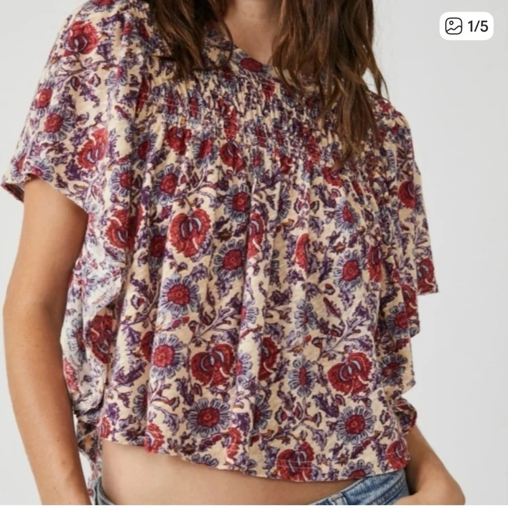 FREE PEOPLE Boho Multi-Color Floral Cropped Blouse Size Small